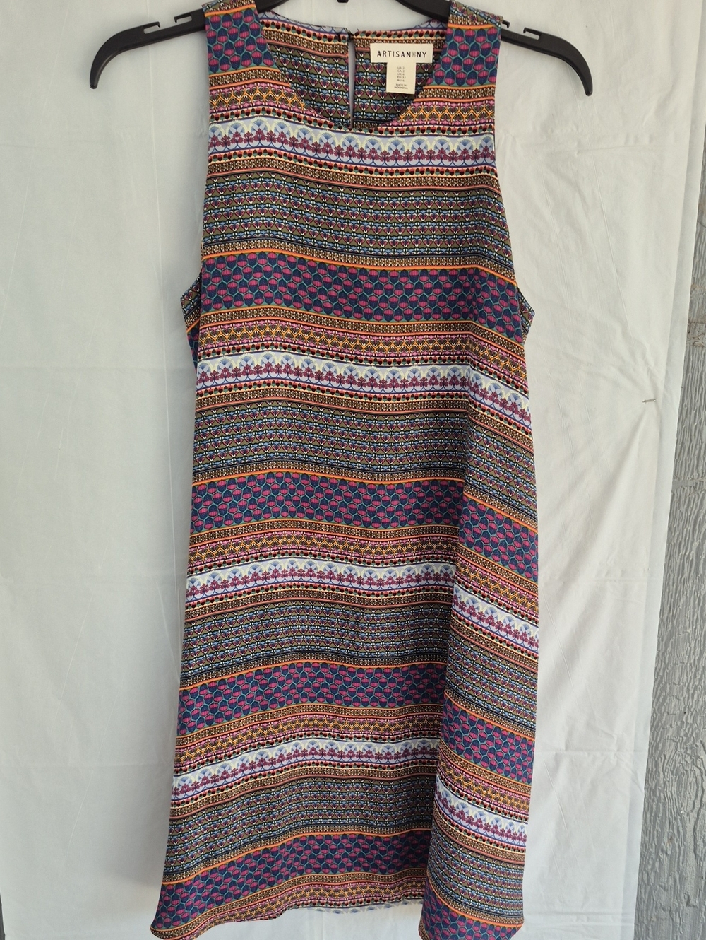 Artisan Ny Striped A-Line Dress with Pink, Blue & Cream Motifs